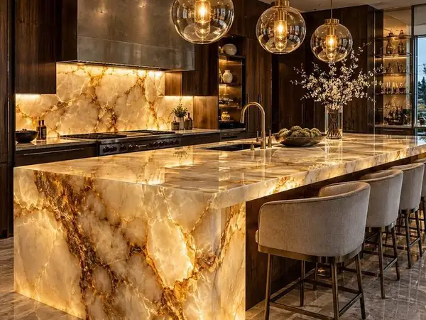 Modern kitchen with onyx countertop island