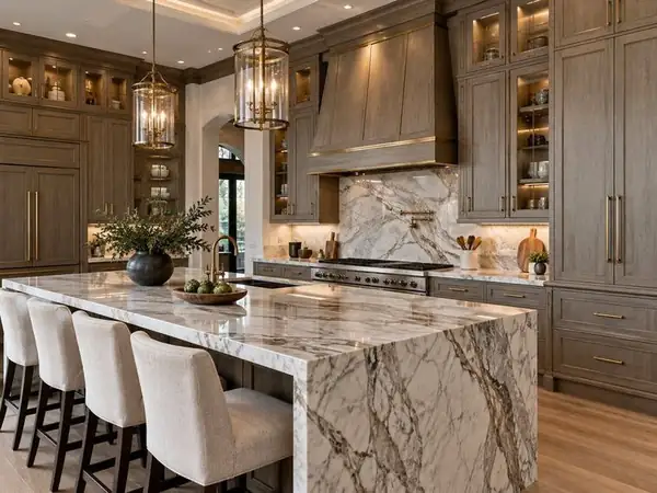 Custom wood kitchen cabinets with marble island