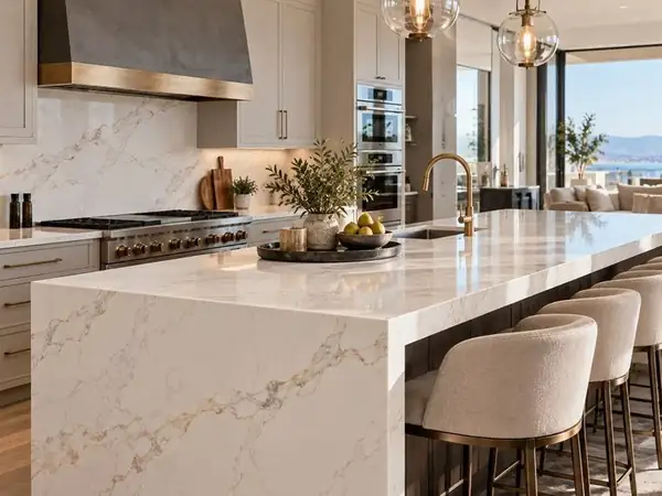 Remodeled kitchen with quartz waterfall island